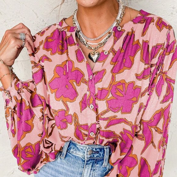 Multicolor Boho Women's Floral Print Batwing Sleeve Buttoned Loose Fit Shirt - Picture 3 of 8